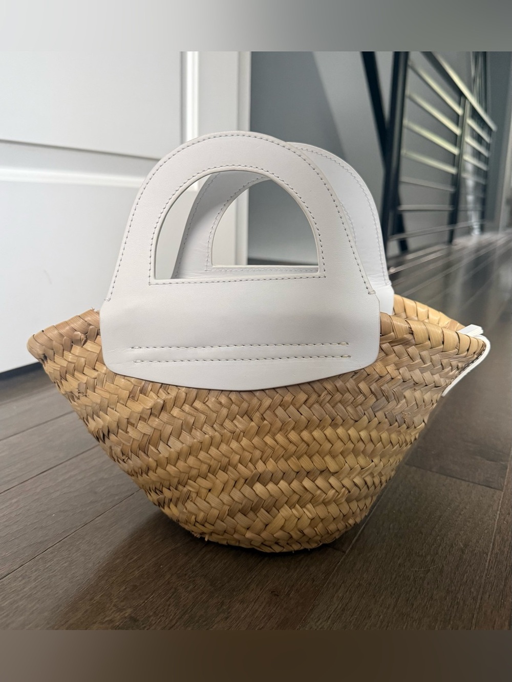 HEREU Cabas Mini Straw Tote Bag White Leather Handle Crossbody